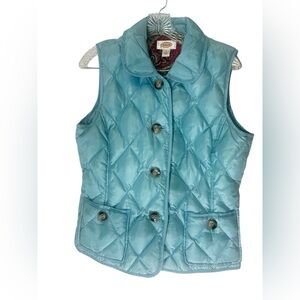 Talbots Womens Quilted Puffer Down Button Vest Turquoise Paisley Lined Sz M